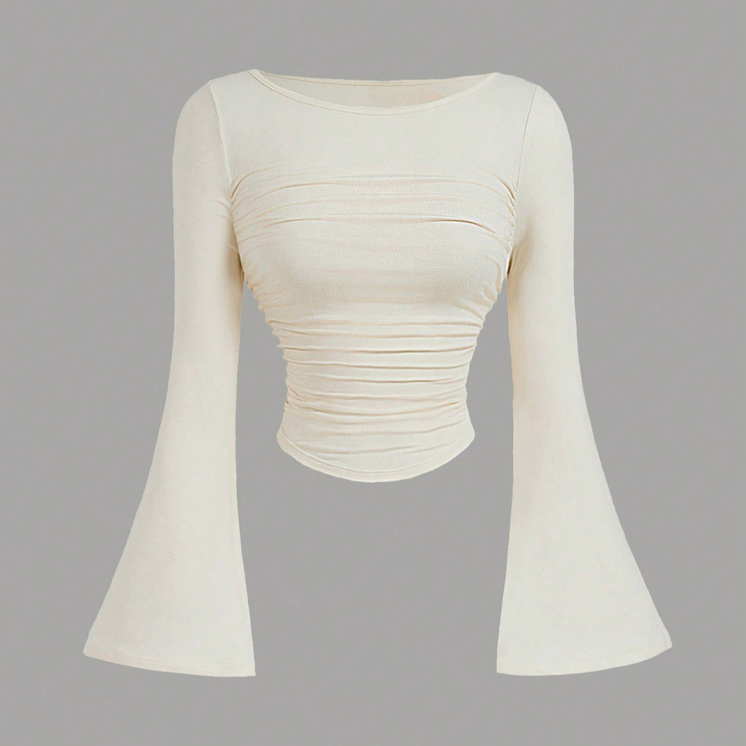 Damen Figurbetontes Langarmshirt mit Carmenausschnitt, gerafftem Rumpf und Trompetenärmeln Shop Nory
