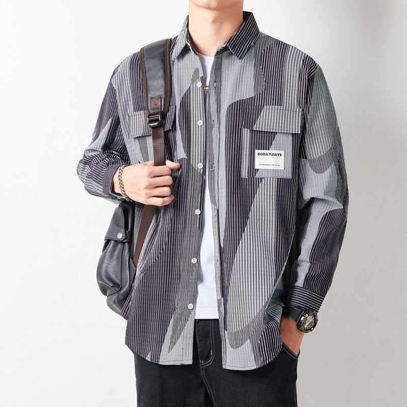 Herren Lockeres Hemdjacke im grafischen Nadelstreifen-Mix mit aufgesetzten Brusttaschen Shop Nory