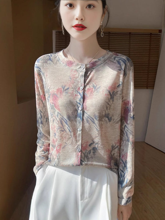 Damen Leichter Aquarell‑Print Feinstrick‑Cardigan mit Rundhalsausschnitt und Knopfleiste Shop Nory