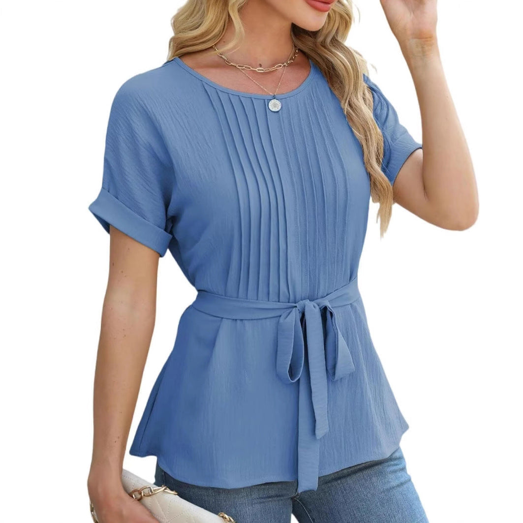 Damen Bluse mit Rüschendetails und seitlichem Gürtel Shopnory