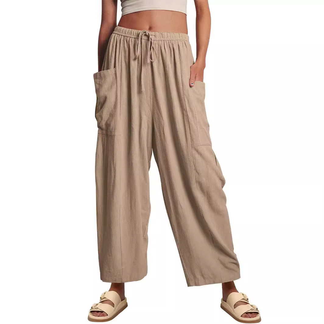 Damen Hochbundweite Weitbein Leinenmix Cargo Cropped Hose Shop Nory