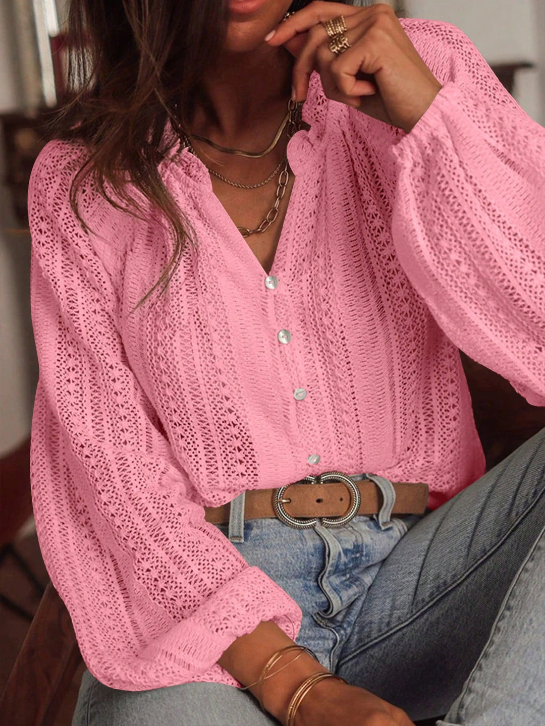 Damen Häkelbluse mit Knopfleiste und Ballonärmeln Shop Nory
