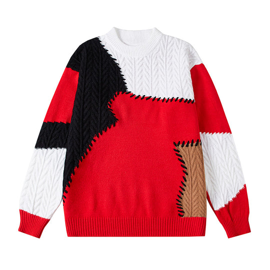 Herren strukturierter Patchwork-Strickpullover mit Zopfmuster und Rundhals Shop Nory