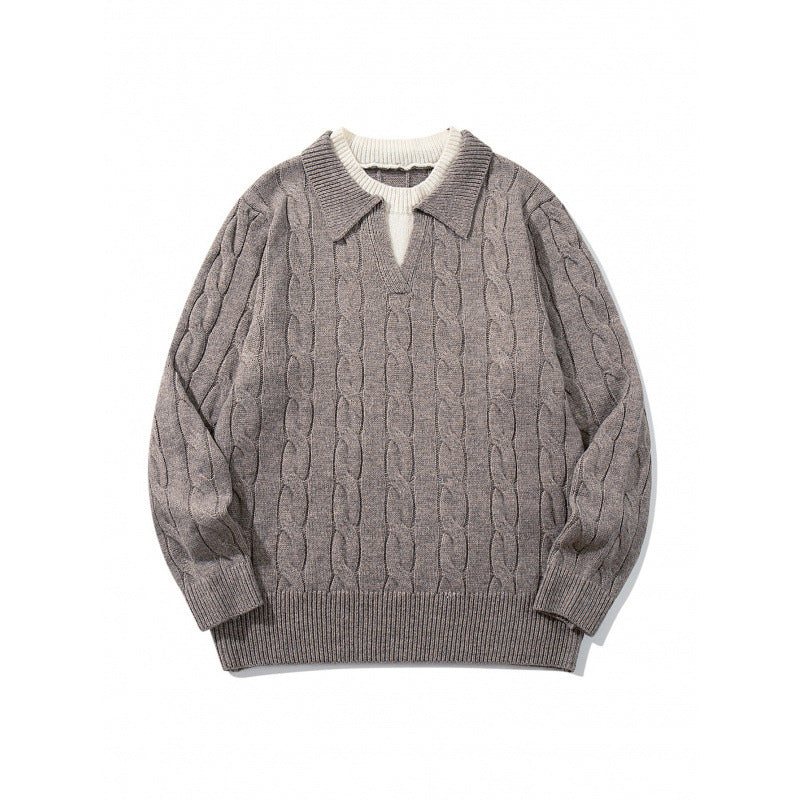 Herren Grobgestrickter Zopfmuster-Pullover mit Polokragen und V‑Ausschnitt Shop Nory