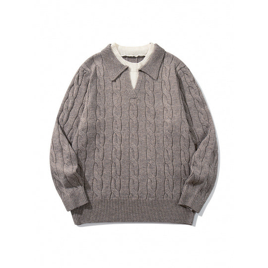 Herren Grobgestrickter Zopfmuster-Pullover mit Polokragen und V‑Ausschnitt Shop Nory