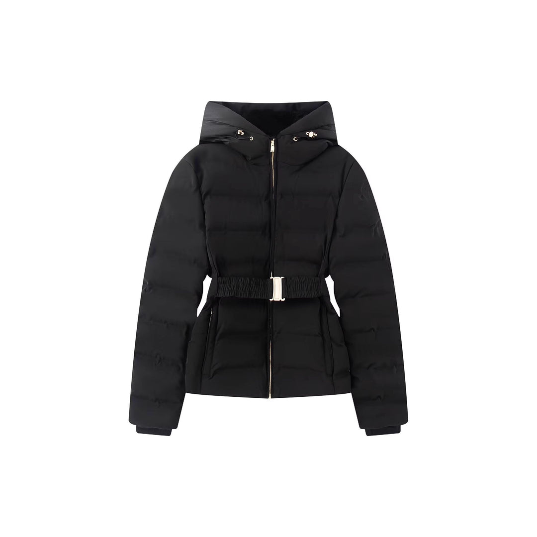 Damen Glänzende Daunenoptik-Steppjacke mit Kapuze und tailliertem Zugbandgürtel Shop Nory