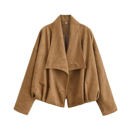 Damen Kurzjacke in Wildlederoptik mit Wasserfallkragen und balloniertem Saum Shop Nory