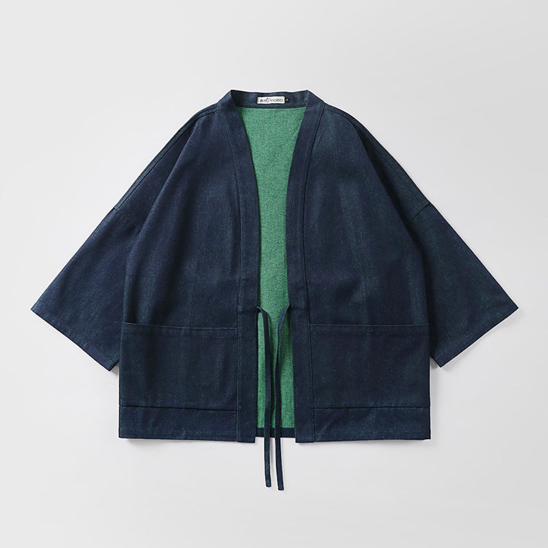 Unisex weit geschnittene Kimono-Jacke aus Baumwoll-Denim mit Bindeband und großen Aufgesetzten Taschen Shop Nory