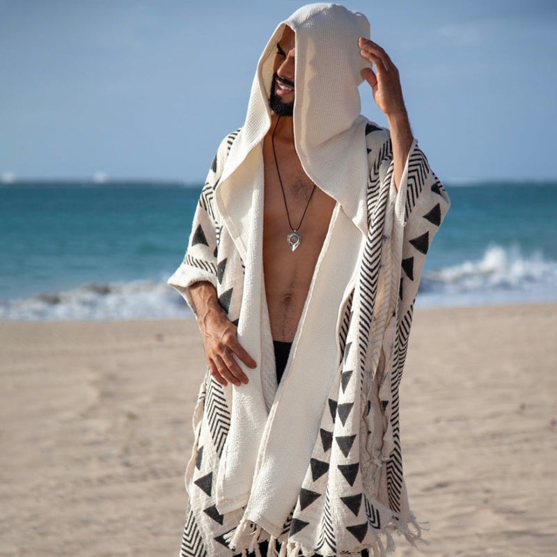 Herren Strandponcho mit Kapuze und geometrischem Jacquardmuster Shop Nory