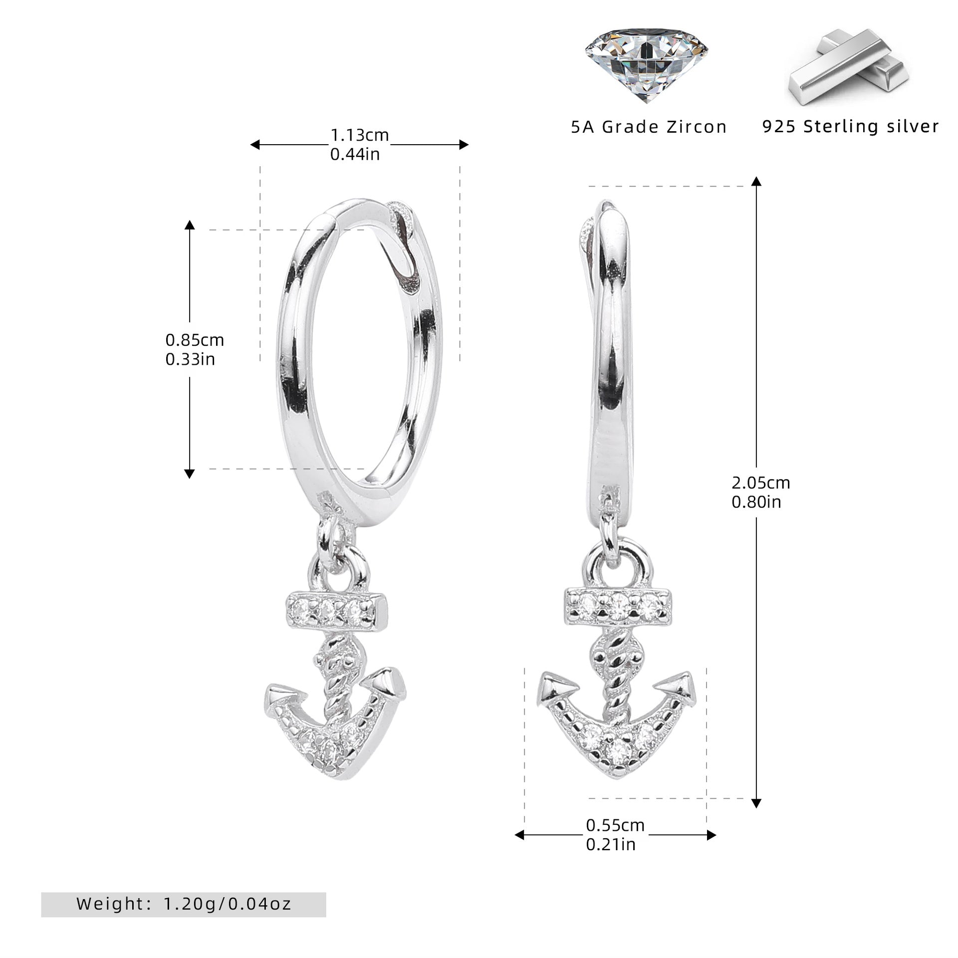 Damen Ohrhänger im maritimen Ankerdesign mit funkelnden Zirkonia aus 925 Sterling Silber Shop Nory