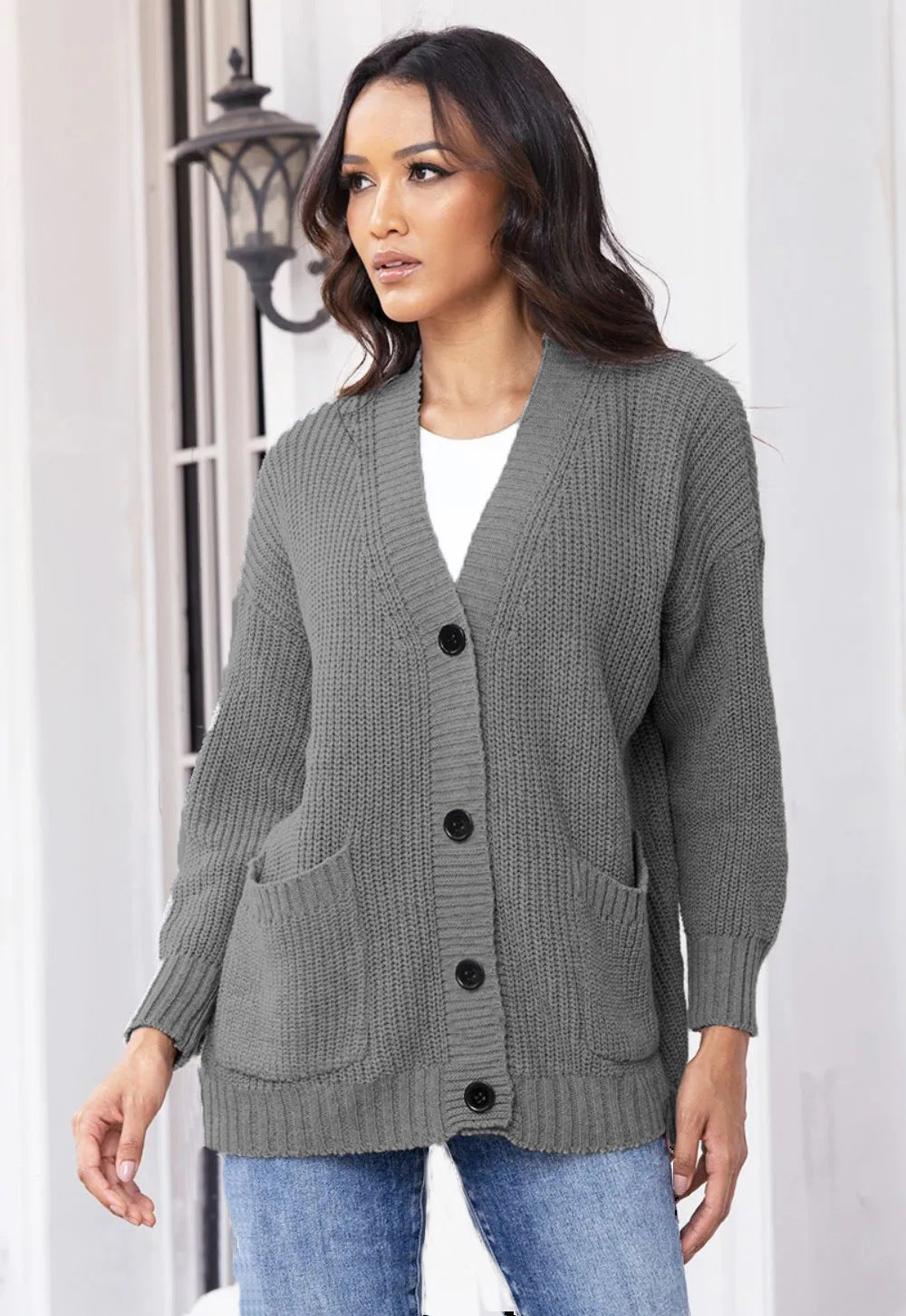 Damen Grobstrick-Cardigan mit praktischen Taschen und klassischem Knopfverschluss