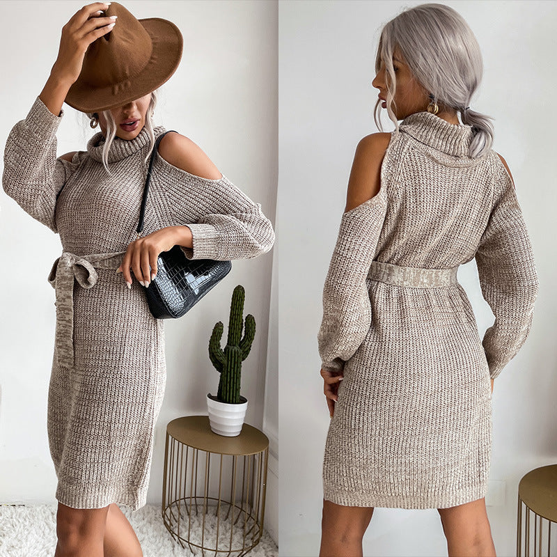 Damen Schulterfreies Rollkragen-Strickkleid mit Taillengürtel Shop Nory