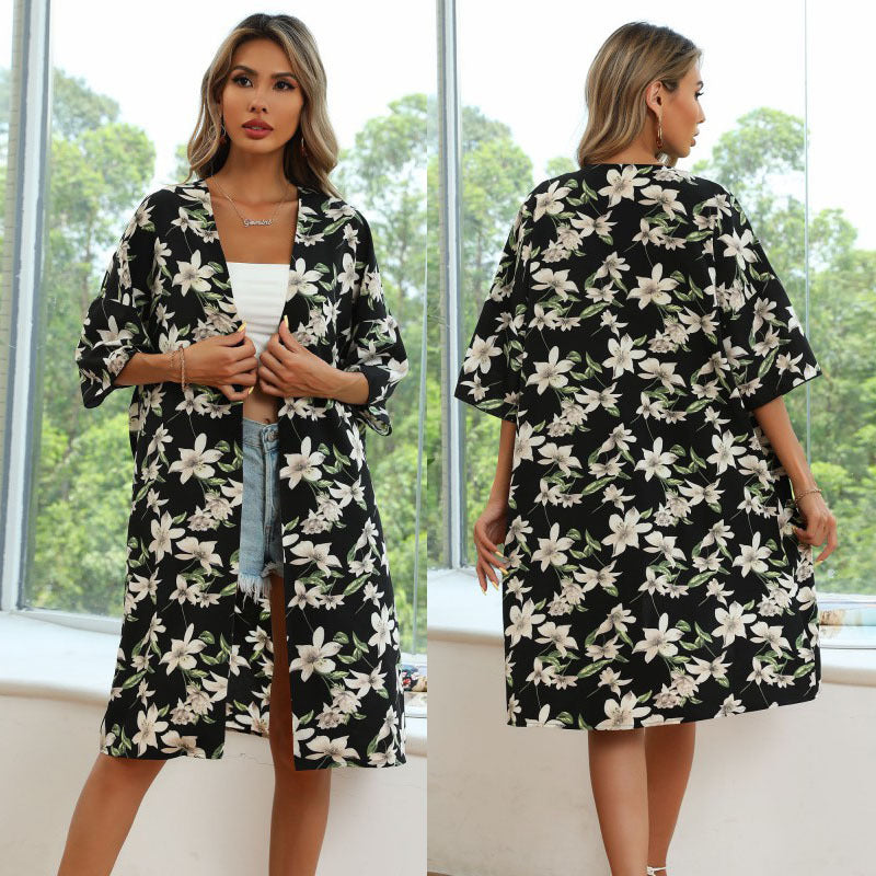 Damen Langer Kimono‑Blütenmantel mit floralem Print, offener Front und 3/4‑Ärmeln Shop Nory