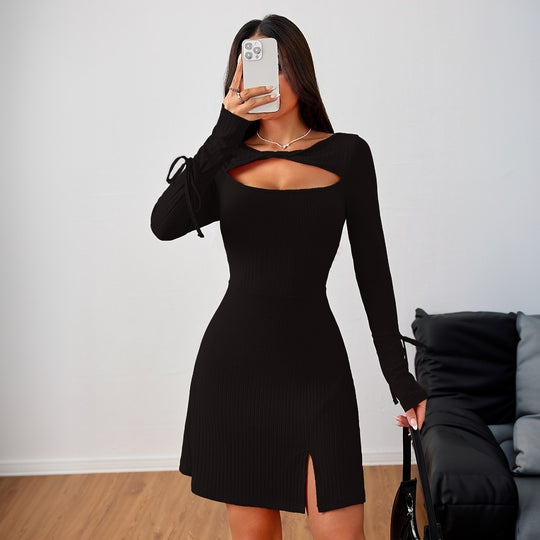 Damen geripptes Langarm-Minikleid mit Cut-Out, taillierter Silhouette, Bindärmeln und Seitenschlitz Shop Nory