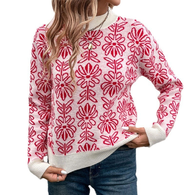 Damen Gestrickter Jacquard-Pullover mit floralem Muster und Rippbündchen Shop Nory