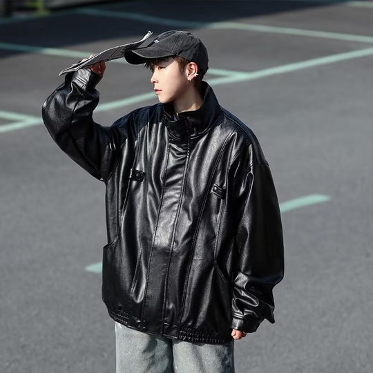 Herren Oversized Kunstlederjacke im Bomberstil mit Stehkragen und elastischem Saum Shop Nory