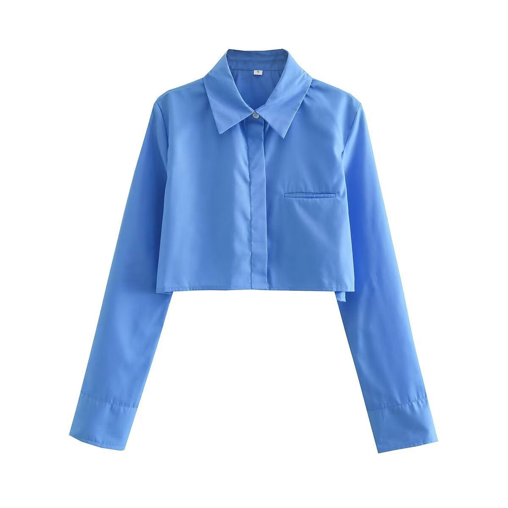 Damen cropped Bluse mit klassischem Kragen und praktischen Brusttaschen Shopnory