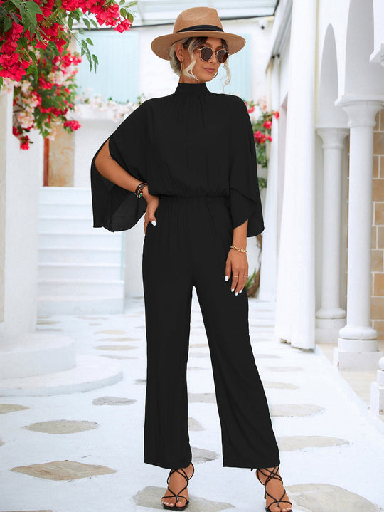 Damen Jumpsuit mit hohem Kragen und fließenden Ärmeln