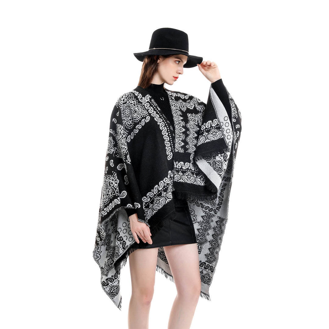 Damen Jacquard-Umhangponcho mit Paisley-Muster und Fransen Shop Nory