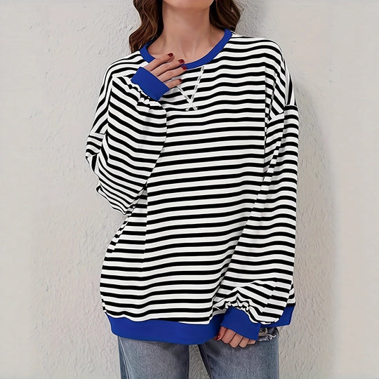 Damen Lässiges Oversize-Streifen-Sweatshirt mit Raglanärmeln und Kontrastbündchen Shop Nory