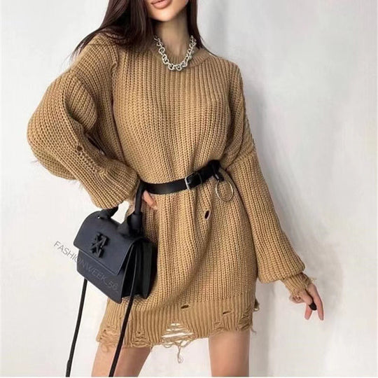 Damen Oversize Grobstrick-Minikleid mit Destroy-Effekt und Rundhalsausschnitt Shop Nory