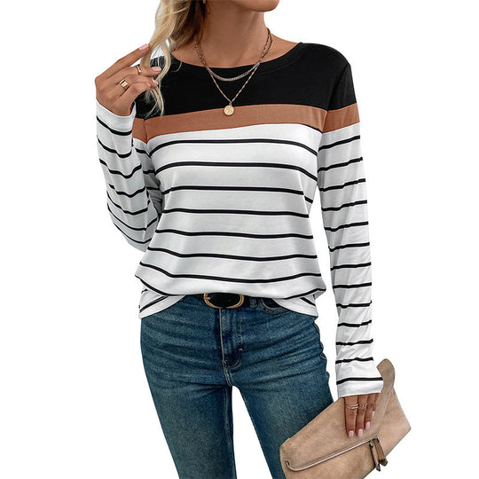 Damen Gestreiftes Langarmshirt mit Colorblock-Detail und Rundhalsausschnitt Shop Nory