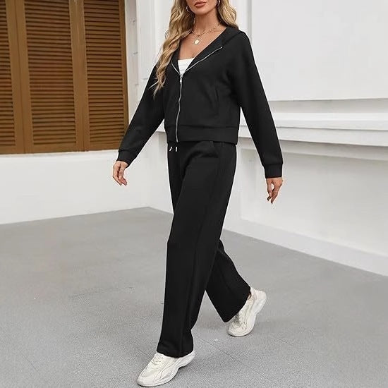 Damen nan zweiteiliges Lounge-Set mit Kapuzenjacke Reißverschluss und weiter Hose mit hohem Bund aus Sweatstoff Shop Nory