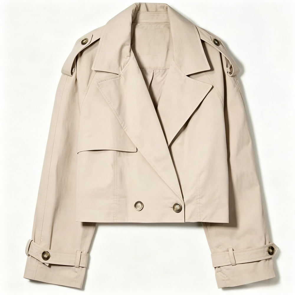 Damen Kurz geschnittener Trenchcoat mit doppelreihiger Knopfleiste und Schulterklappen Shop Nory