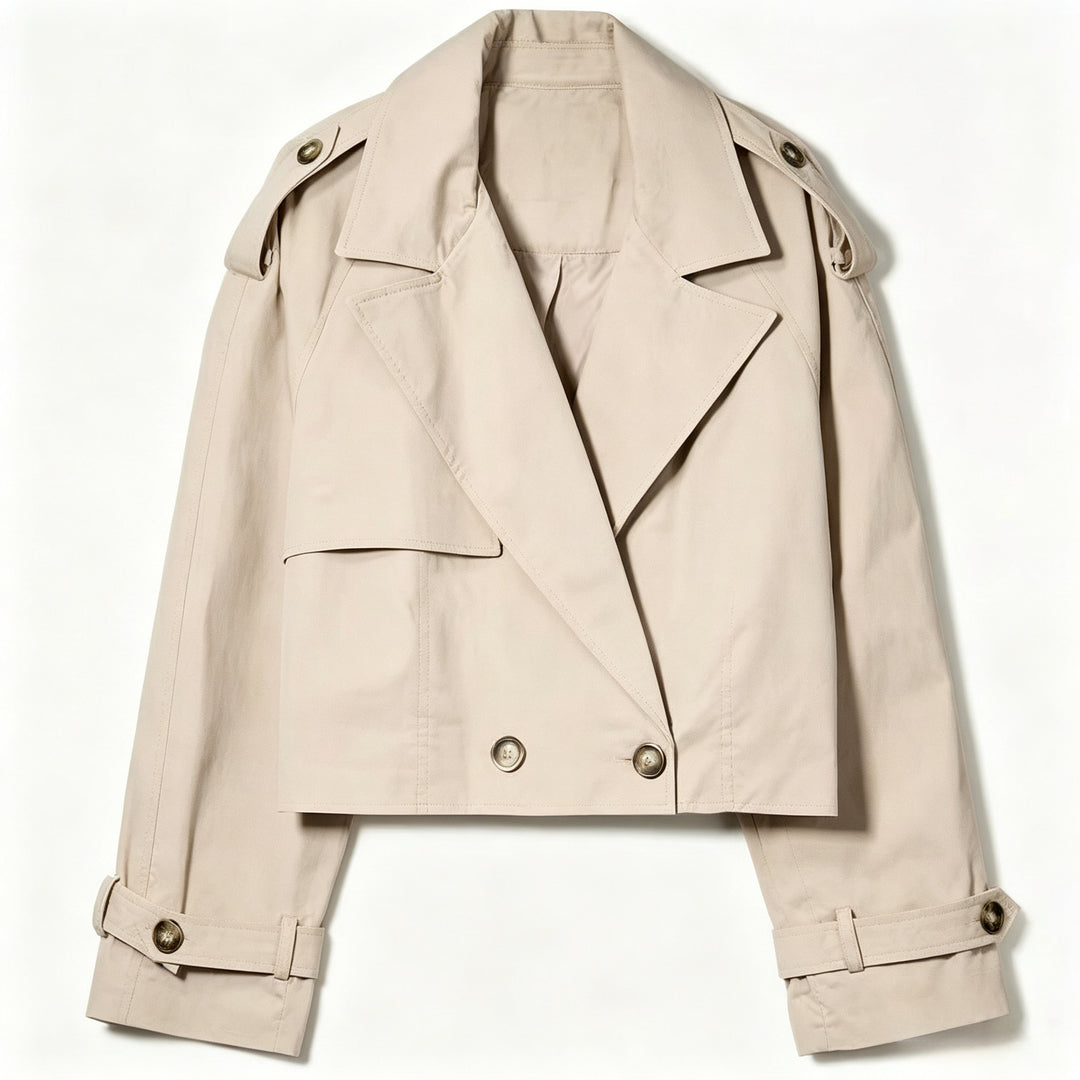 Damen Kurzschnitt Trenchcoat mit doppelreihiger Knopfleiste und Epauletten Shop Nory