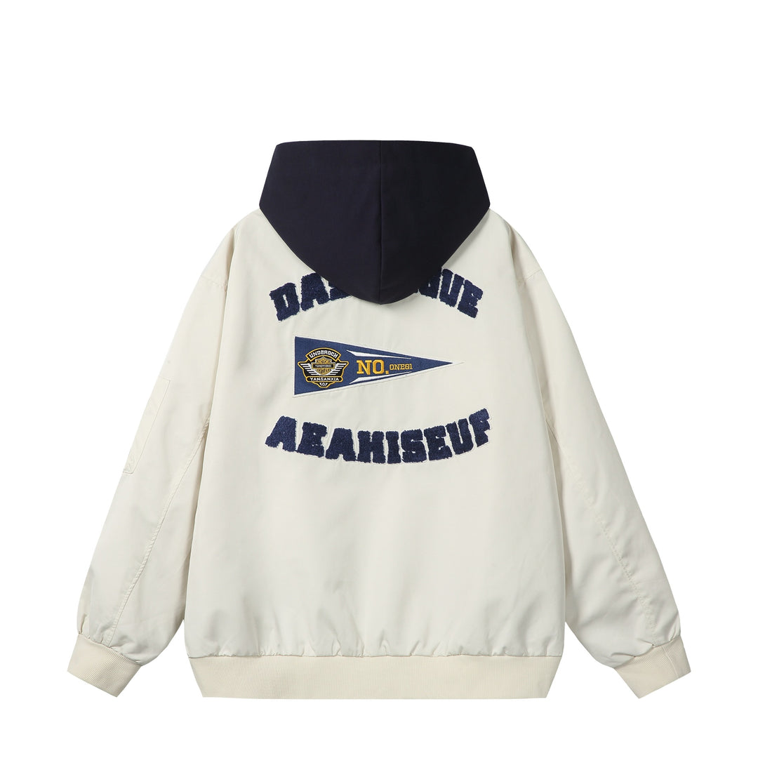 Unisex Boxy-Mehrlagige Bomberjacke mit integrierter Kapuze und Collegiate-Patch Shop Nory