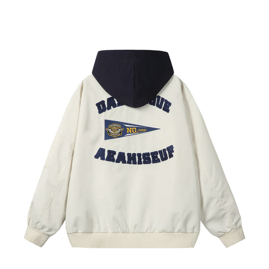 Unisex Boxy-Mehrlagige Bomberjacke mit integrierter Kapuze und Collegiate-Patch Shop Nory