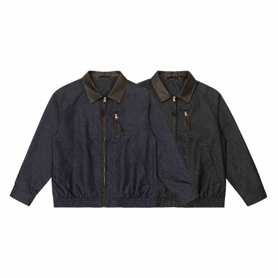Herren Kurzblouson im Boxy-Cut aus Woll-Denimmix mit lederbesetztem Kragen und vertikaler Reißverschluss-Brusttasche Shop Nory