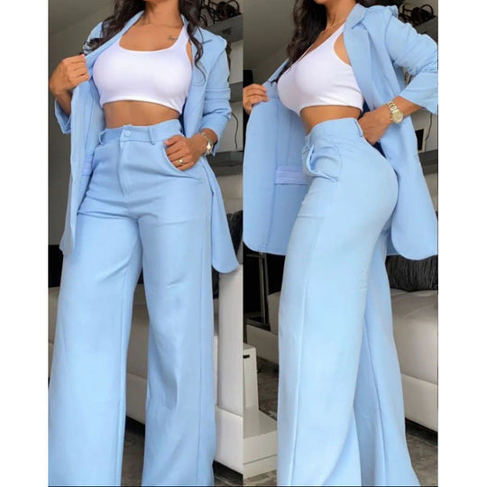 Damen Elegantes Zweiteiler-Set mit weitem Hosenbein und tailliertem Blazer