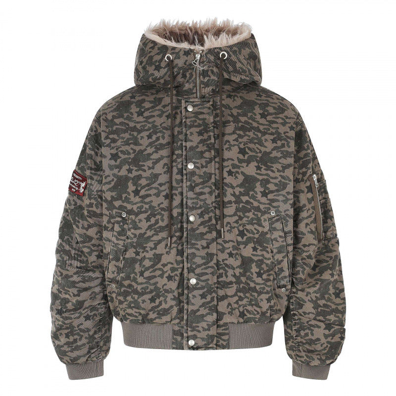 Unisex Weitgeschnittene wattierte Bomberjacke mit Kapuze und Kunstfellbesatz Shop Nory