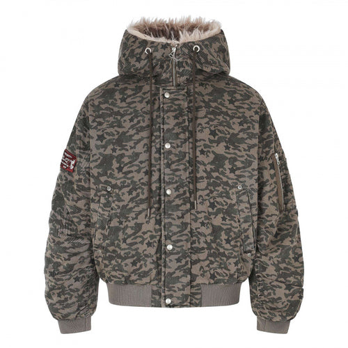 Unisex Weitgeschnittene wattierte Bomberjacke mit Kapuze und Kunstfellbesatz Shop Nory