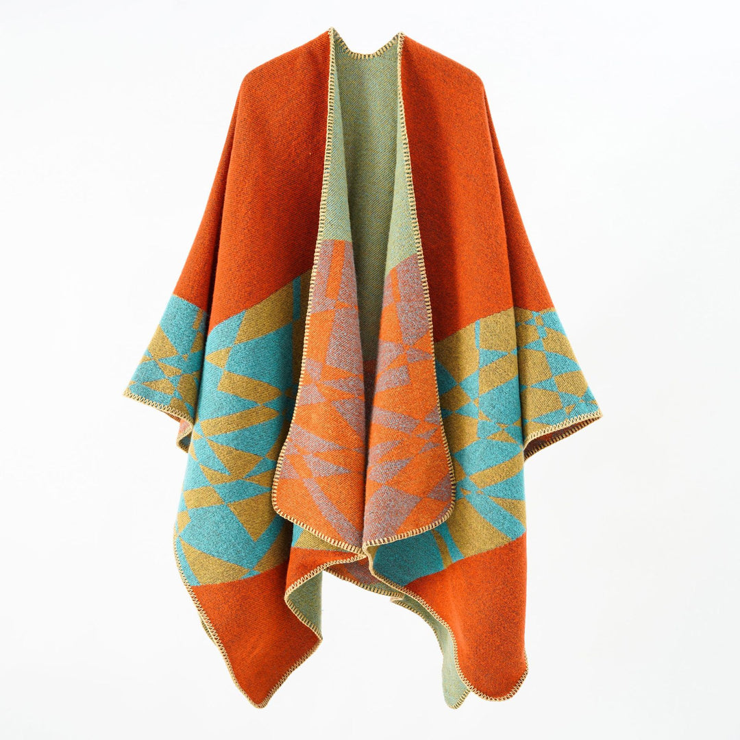 Damen Großer Strickponcho im Cape‑Schnitt mit Ziernaht und geometrischem Intarsia Shop Nory