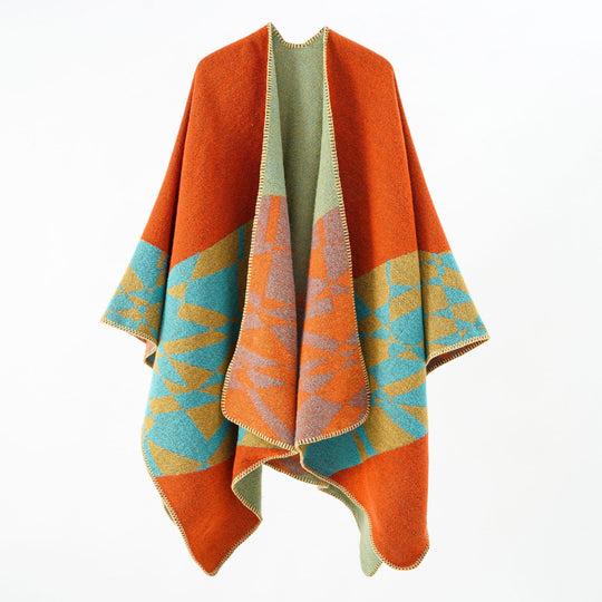 Damen Großer Strickponcho im Cape‑Schnitt mit Ziernaht und geometrischem Intarsia Shop Nory