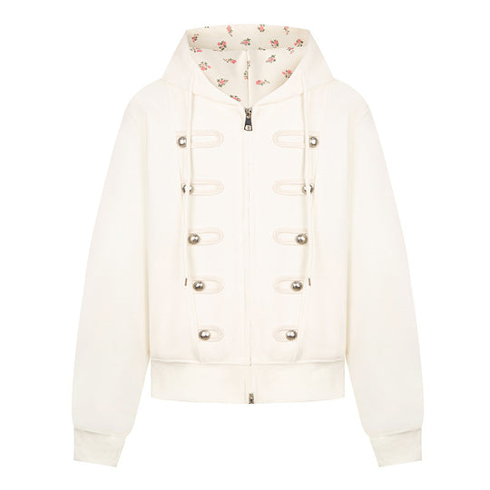 Damen Kapuzen-Sweatjacke mit dekorativen Schlaufen und Metallknopf-Details Shop Nory