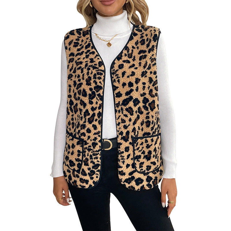Damen Gefütterte Teddy‑Weste mit Leopardenmuster und aufgesetzten Taschen Shop Nory