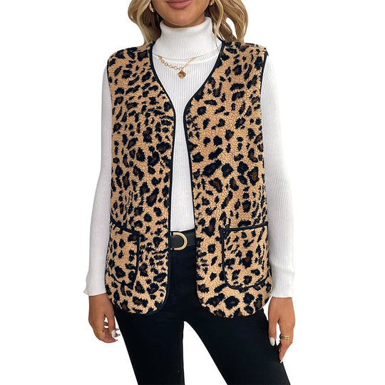 Damen Gefütterte Teddy‑Weste mit Leopardenmuster und aufgesetzten Taschen Shop Nory