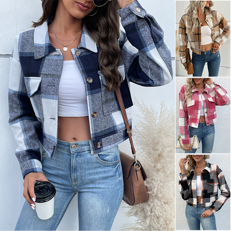 Damen Kurz geschnittene karierte Overshirt‑Jacke mit Brustklappen und Holzknöpfen Shop Nory