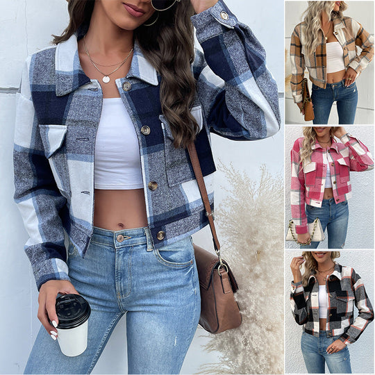 Damen Kurz geschnittene karierte Overshirt‑Jacke mit Brustklappen und Holzknöpfen Shop Nory