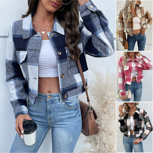Damen Kurz geschnittene karierte Overshirt‑Jacke mit Brustklappen und Holzknöpfen Shop Nory