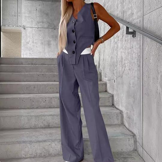 Damen Asymmetrisches Gilet- und Palazzohosen-Set mit Bundfalten und Eingrifftaschen Shop Nory