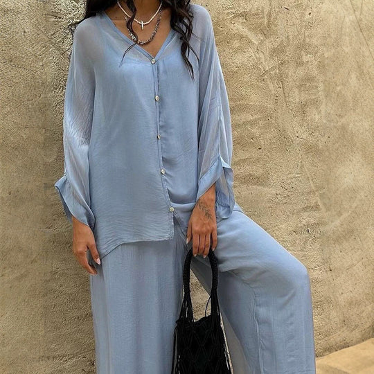 Damen Dreiteiliges Loungewear-Set aus leichter Viskose mit Oversize-Bluse, Top und weiter Palazzohose Shop Nory