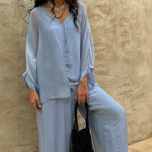 Damen Dreiteiliges Loungewear-Set aus leichter Viskose mit Oversize-Bluse, Top und weiter Palazzohose Shop Nory