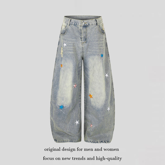 Damen Weite High-Waist Palazzo-Jeans mit Stern-Stickereien und Used-Effekt Shop Nory