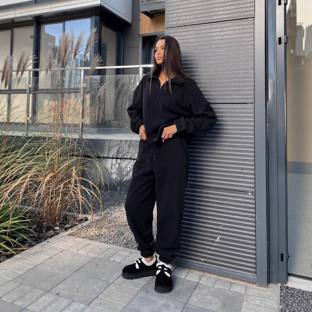 Damen Ultraweiches Fleece-Relaxset mit Stehkragen, halbem Reißverschluss und elastischer Schlupfhose Shop Nory
