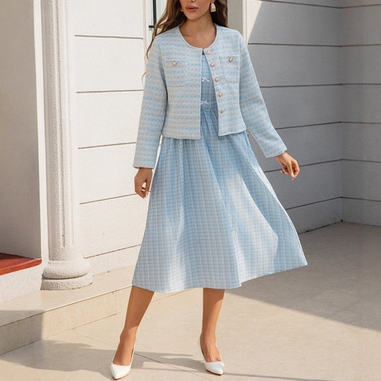 Damen Zweiteiliges Bouclé-Jacken-Set mit tailliertem Gingham-Midikleid Shop Nory