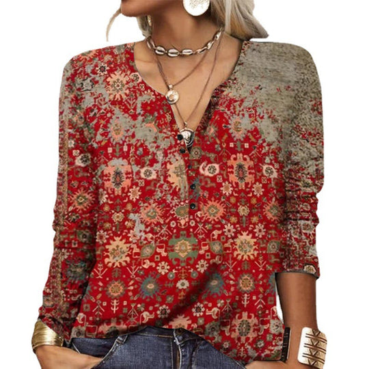 Damen Lockeres Langarm‑Henleyshirt mit V‑Ausschnitt, Knopfleiste und Ombre‑Print Shop Nory
